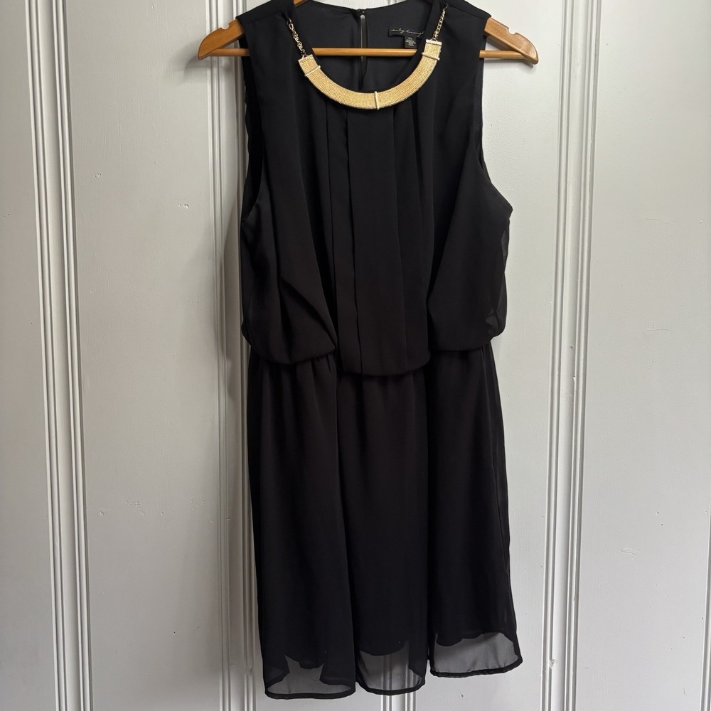 Y2K Retro Black Sleeveless Dress Gold Necklace Blouse Short LBD Size XL